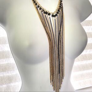 Gold Tone and Black Chains Tassel Disco Necklace